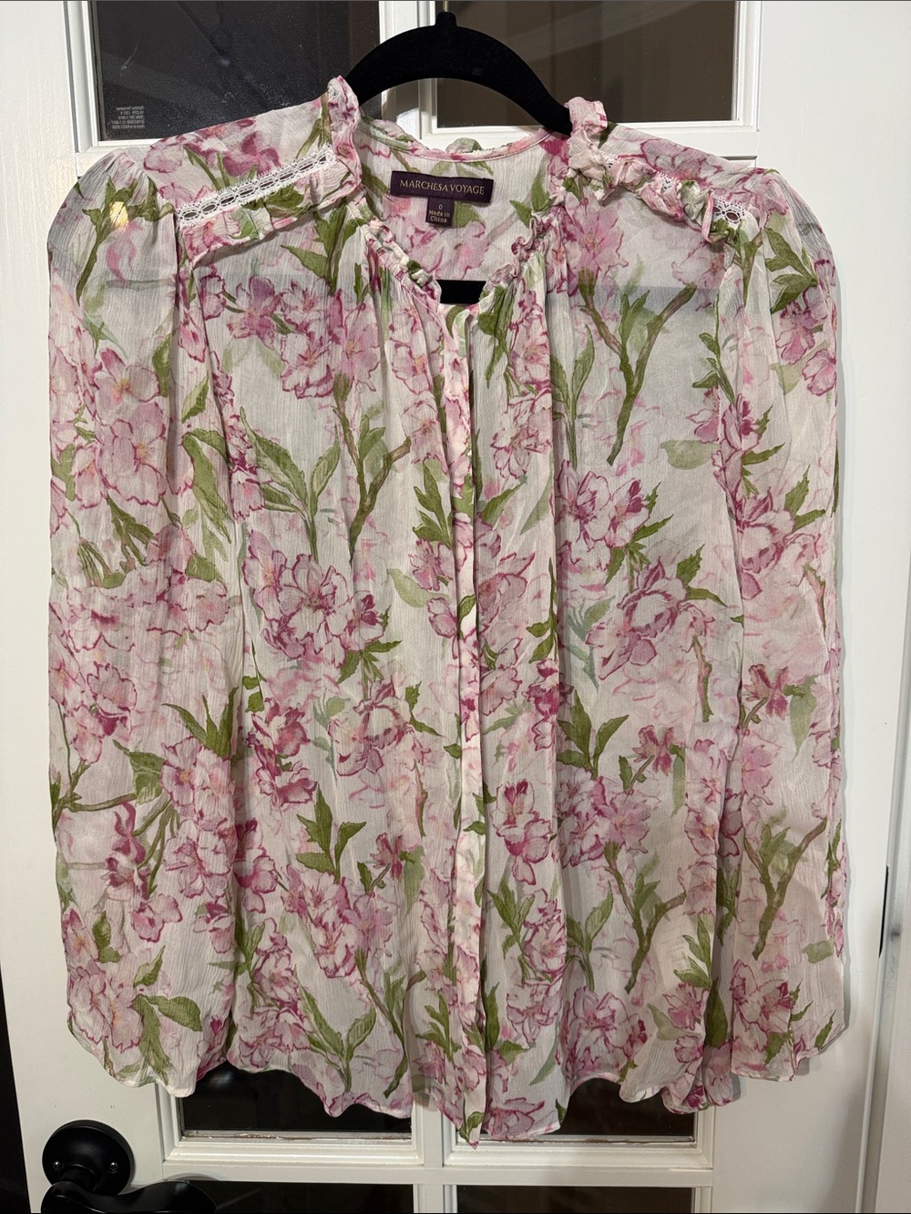 MARCHESA 100% Silk Pink Floral Chiffon Bell Sleeve Blouse 0 Balletcore Coquette